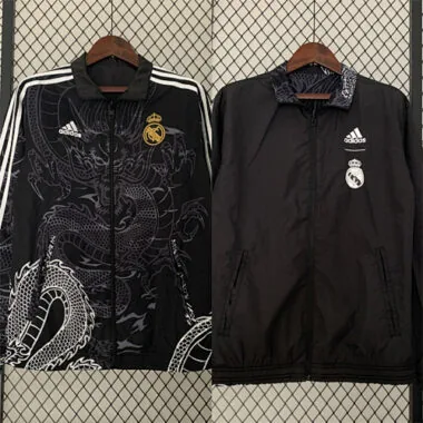 23-24 Real Madrid Trench Coat Reversible Dragon Windbreaker Black
