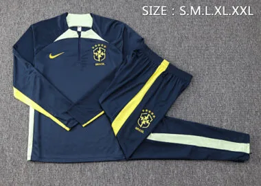 B645# 23-24 Brazil navy blue with green half zipper training tracksuit size S-2XL