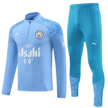 fans version with sponsor logo 23-24 Man City light blue with green pants half zipper sweater tracks