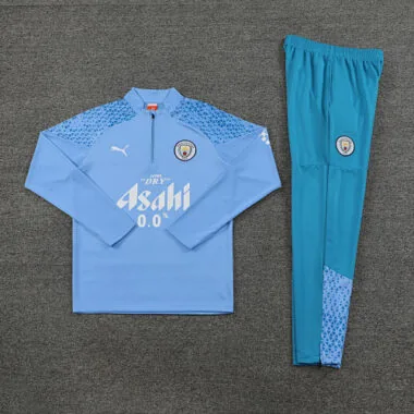 fans version with sponsor logo 23-24 Man City light blue with green pants half zipper sweater tracks