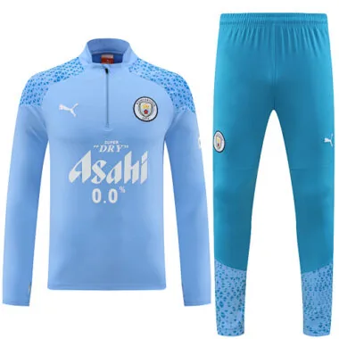 fans version with sponsor logo 23-24 Man City light blue with green pants half zipper sweater tracks