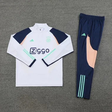 with sponsor logo 23-24 Ajax white with navy blue and beige stripe half zipper sweater tracksuit