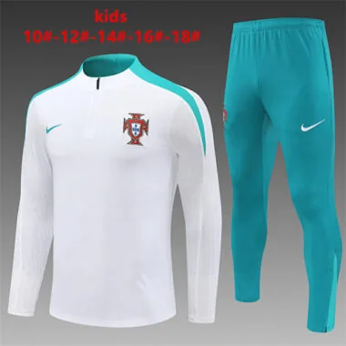 kids kit player version 24-25 Portugal white with green half zipper training tracksuit