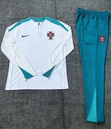kids kit player version 24-25 Portugal white with green half zipper training tracksuit