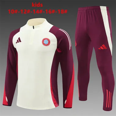 kids kit 24-25 Bayern beige with dark red half zipper training tracksuit