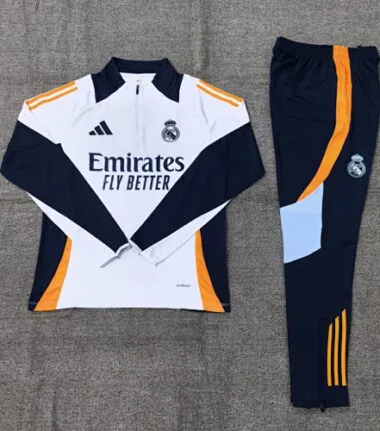Kids kit 24-25 Real Madrid white with navy blue half zipper training tracksuit