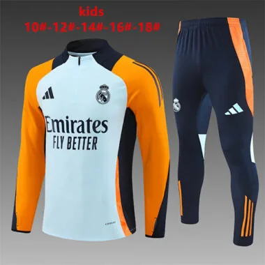 kids kit 24-25 Real Madrid light blue with yellow and navy blue half zipper training tracksuit