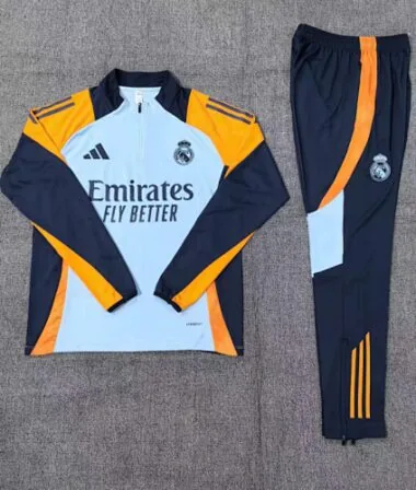 kids kit 24-25 Real Madrid light blue with yellow and navy blue half zipper training tracksuit