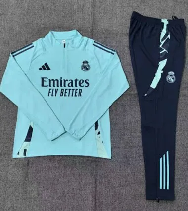 kids kit 24-25 Real Madrid lake blue with navy blue half zipper training tracksuit
