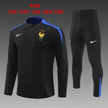 kids kit player version 24-25 France black with blue half zipper training tracksuit