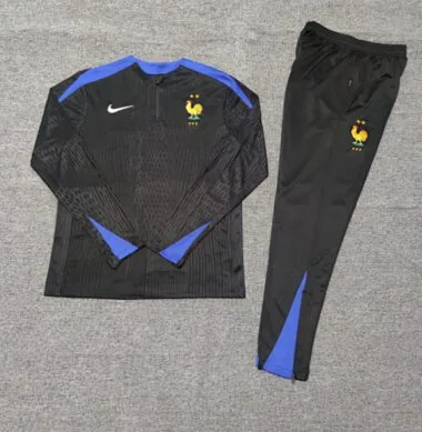 kids kit player version 24-25 France black with blue half zipper training tracksuit