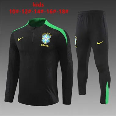 kids kit player version 24-25 Brazil black with green half zipper training tracksuit