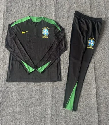 kids kit player version 24-25 Brazil black with green half zipper training tracksuit