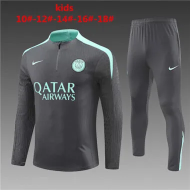 kids kit player version 2024/25 PS G dark gray with light green half zipper training tracksuit