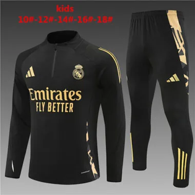 Kids kit 24-25 Real Madrid black with gold half zipper training tracksuit