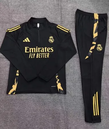 Kids kit 24-25 Real Madrid black with gold half zipper training tracksuit