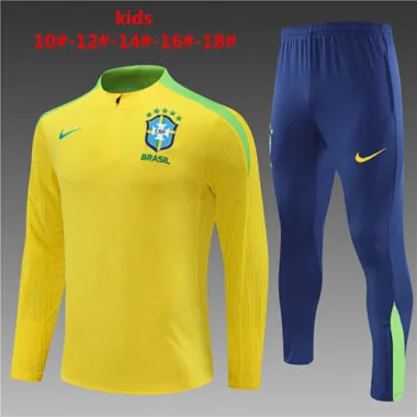 kids kit player version 24-25 Brazil yellow with green half zipper training tracksuit