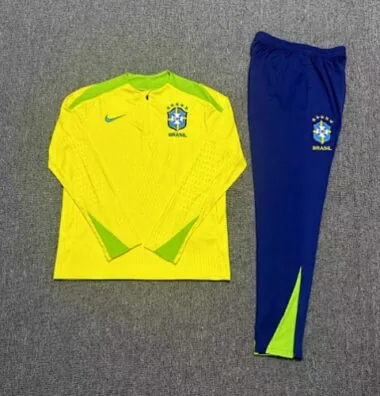 kids kit player version 24-25 Brazil yellow with green half zipper training tracksuit