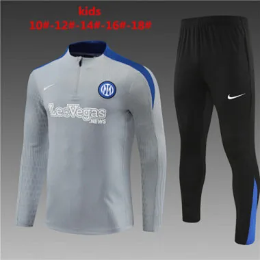 kids kit player version 24-25 Inter gray with blue half zipper training tracksuit