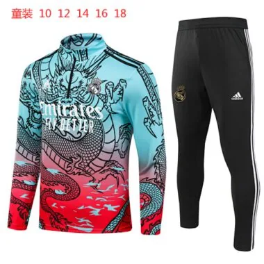 kids kit 23-24 Real Madrid green with red half zipper training tracksuit