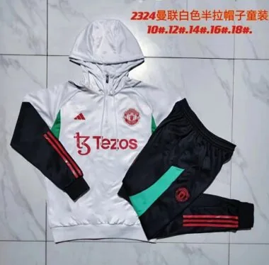 E776# kids kit 23-24 Manud white with black half zipper hoodie sweater tracksuit