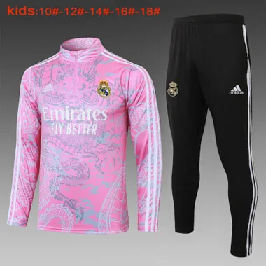 E769# kids kit 23-24 Real Madrid pink with dragon half zipper sweater tracksuit