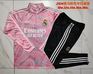 E769# kids kit 23-24 Real Madrid pink with dragon half zipper sweater tracksuit