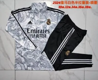 E768# kids kit 23-24 Real Madrid white with dragon half zipper sweater tracksuit