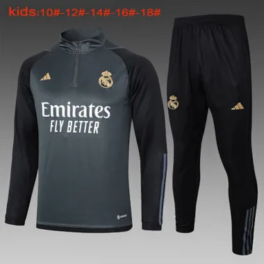 E749# kids kit 23-24 Real Madrid light gray with black half zipper sweater tracksuit
