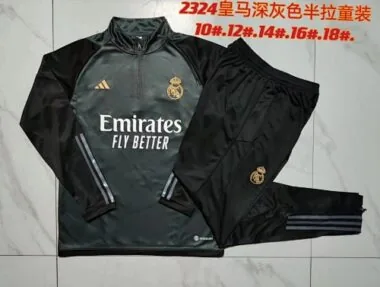 E749# kids kit 23-24 Real Madrid light gray with black half zipper sweater tracksuit