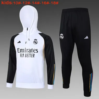 E747# kids kit 23-24 Real Madrid white with black half zipper hoodie sweater tracksuit