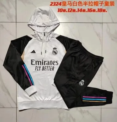 E747# kids kit 23-24 Real Madrid white with black half zipper hoodie sweater tracksuit