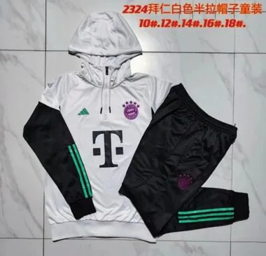 E746# kids kit 23-24 Bayern white with black half zipper hoodie sweater tracksuit