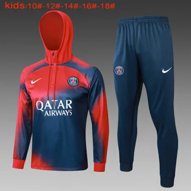 E737# kids kit 23-24 PS G navy blue with red hoodie half zipper training tracksuit