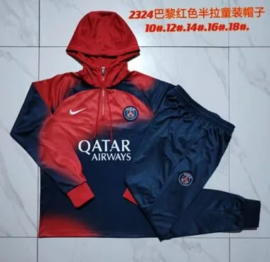 E737# kids kit 23-24 PS G navy blue with red hoodie half zipper training tracksuit
