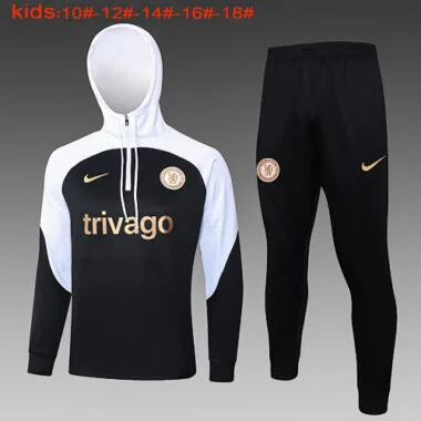 E736# kids kit 23-24 Chelsea black with white hoodie half zipper training tracksuit
