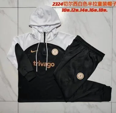 E736# kids kit 23-24 Chelsea black with white hoodie half zipper training tracksuit