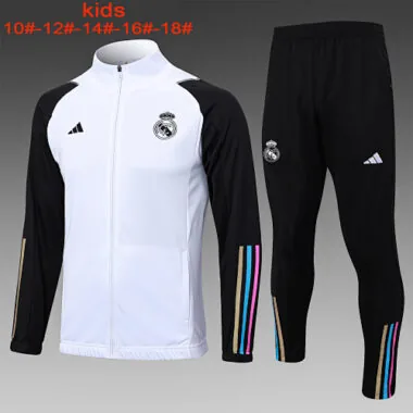 E733# kids kit 23-24 Real Madrid white with black full zipper jacket tracksuit