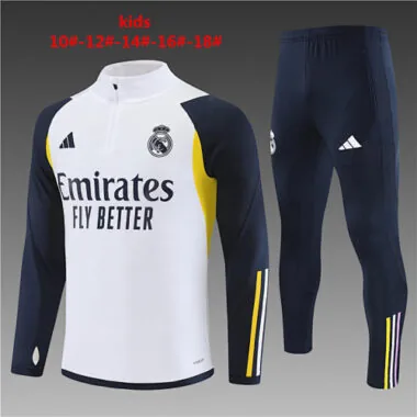 kids kit 23-24 Real Madrid white with navy blue half zipper sweater tracksuit