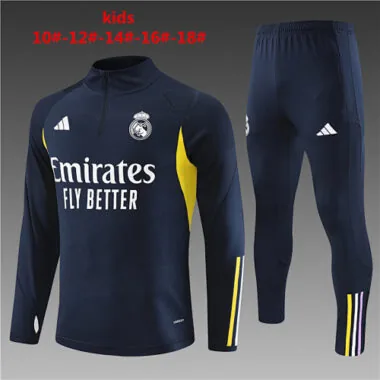 kids kit 23-24 Real Madrid navy blue with yellow half zipper sweater tracksuit