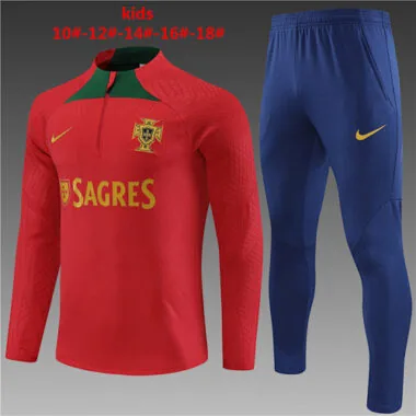 kids kit player version 23-24 Portugal red with green half zipper sweater tracksuit