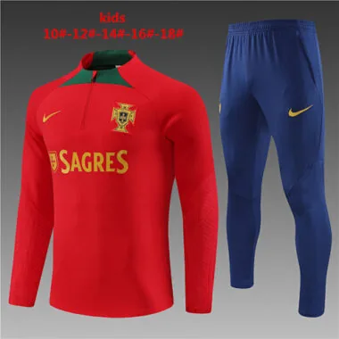 kids kit fans version 23-24 Portugal red with green half zipper sweater tracksuit