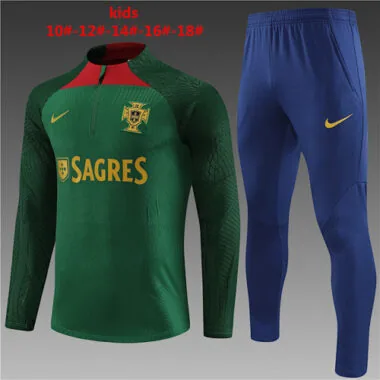 kids kit player version 23-24 Portugal green with blue pants half zipper sweater tracksuit