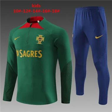 kids kit fans version 23-24 Portugal green with blue pants half zipper sweater tracksuit