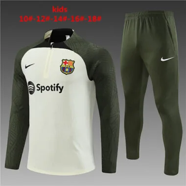 Kids kit player version 23-24 Bar beige with army green half zipper sweater tracksuit