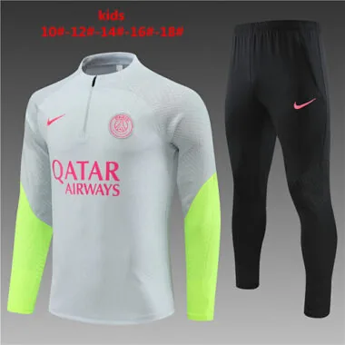 kids kit player version 23-24 PS G light gray with green half zipper sweater tracksuit
