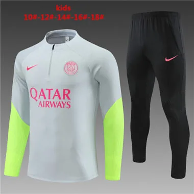 kids kit fans version 23-24 PS G light gray with green half zipper sweater tracksuit
