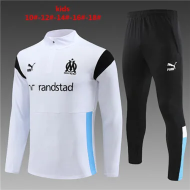 kids kit 23-24 Marseille white with black and blue half zipper sweater tracksuit