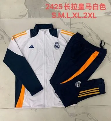 A755# 24-25 Real Madrid White with navy blue stripe full zipper jacket tracksuit