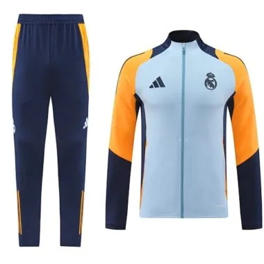 2024/25 Real Madrid light blue with yellow and navy blue stripe full zipper jacket tracksuit